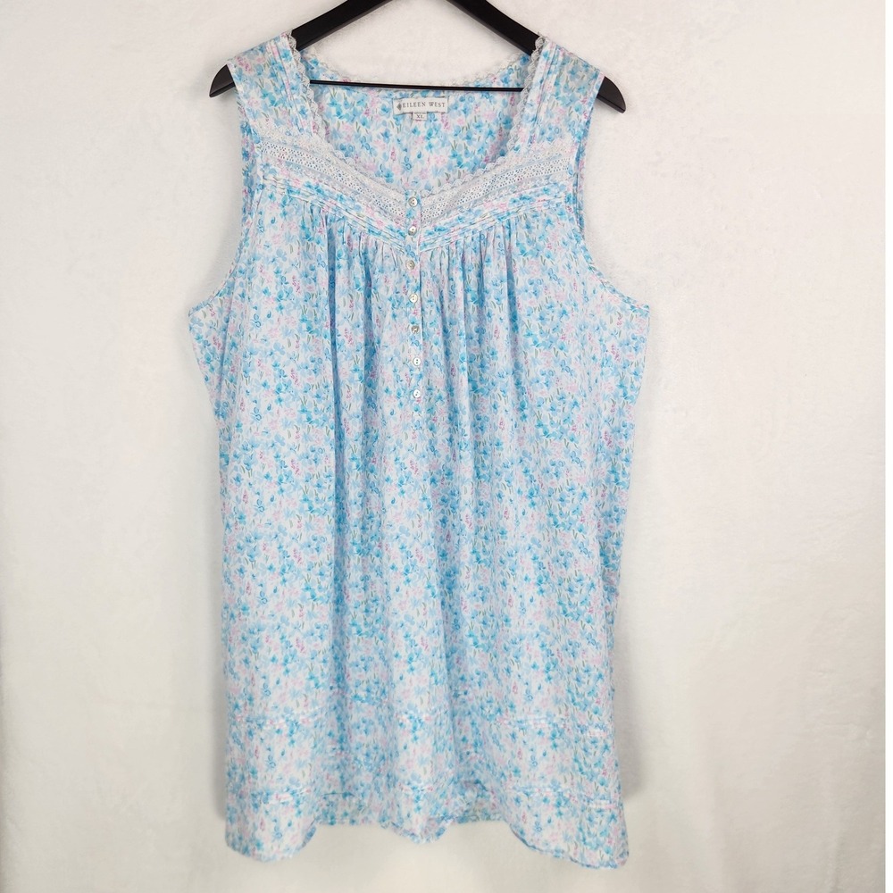 Eileen West Nightgown Womens XL Blue Floral Cotton Lace Sleeveless Romantic